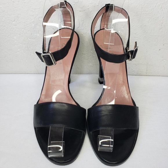 GUCCI Size 7.5 Black Leather Ankle Strap Heel Logo Plate Open Toe Sandals Shoes - Picture 2 of 13